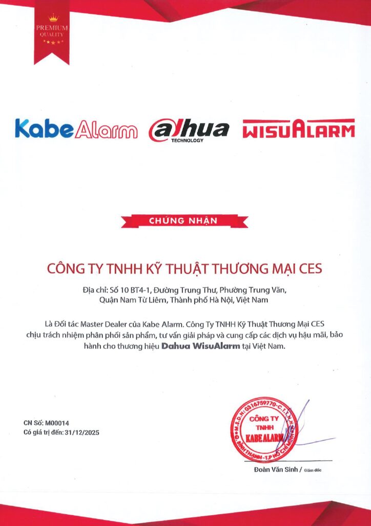 Chứng nhận Master Dealer Kabe Alarm - Dahua WisuAlarm - Công ty TNHH Kỹ thuật Thương mại CES